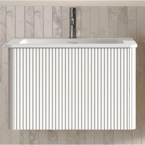 Meuble sous vasque 60 cm avec tiroirs push-to-open, design rainure, preassemble, MDF aspect chene blanc (1/5)
