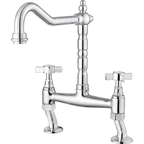 JASSFERRY Classic Bridge Mixer Tap Chrome Crosshead Handles 2 Hole Kitchen Sink Faucet (1/5)