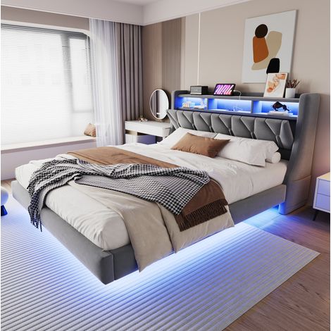 Cama tapizada 180x200 cm en terciopelo gris, cabecero abatible con USB y LED (1/5)