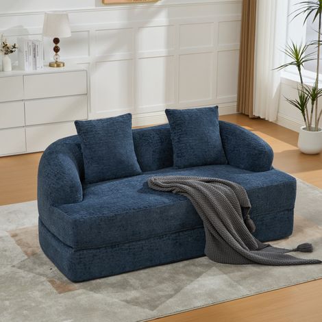 Canapé convertible 2 places 157x84x65 cm bleu marine, 2 coussins, tissu chenille, MEUBLIV (1/5)