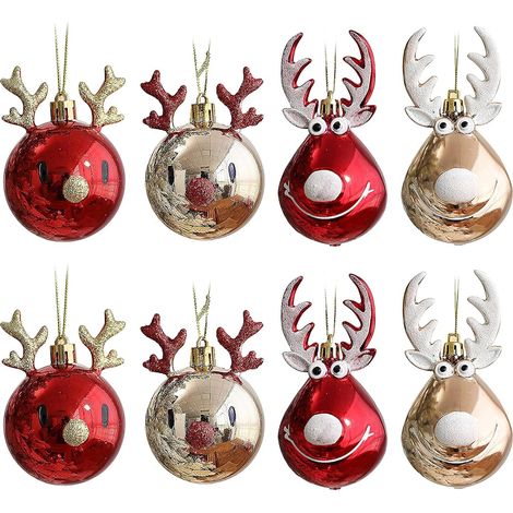 Lot de 8 boules de Noël incassables pour sapin de Noël, avec pendentif en forme de renne, doré et rouge, pour décoration de fête de Noël (1/5)