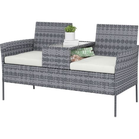 Banc de Jardin en résine tressée 2 Places avec Table et Coussins - 135 x 64 x 81 cm - pour Balcon et Terrasse Noir