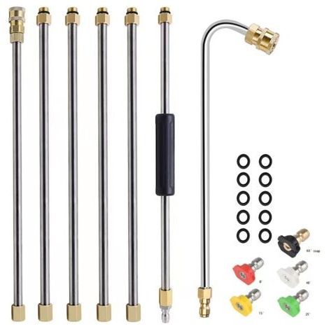 Kit de extensión retráctil para hidrolavadora, lanza con 5 boquillas de pulverización, 1 accesorio para limpieza de canalones, eje curvo, 4000 PSI.