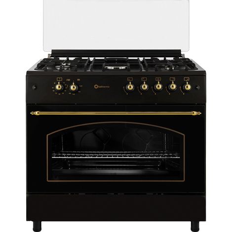 Cocina gas Solthermic F9l50G2RB negra rustica con mandos dorados / ancho 90 cms / 5 fuegos / horno panorámico 115 l. / gas butano y gas ciudad