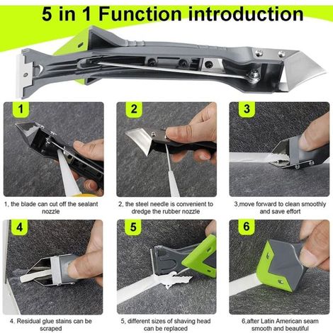 Outils de l'enlève joint 5 en 1(acier inoxydable) grattoir, kit de Liss de joints Silicone grattoir à coulis avec 3 grattoir d’angle, 5 Joint Calfeutrage Outils, 1 Outils de rainurage (1/5)
