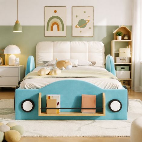Lit enfant 90x200 cm en tissu bleu, avec rangement pour chambre, sans matelas FloraGrace (1/5)