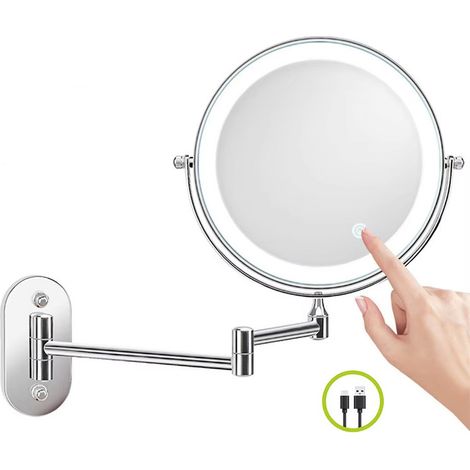 Miroir mural lumineux pour salle de bain 8 pouces avec miroir double face 1X/3X grossissant, éclairage 3 couleurs, structure télescopique, rechargeable par USB