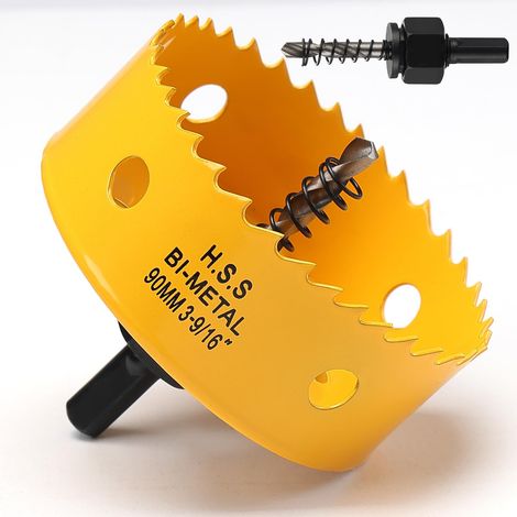 Scie cloche 90mm, Scie Trépan avec adaptateur hexagonal et embout central, Bi-métal HSS M42 scie cloche pour plastique, aluminium, plaques de plâtre, Jaune (1/5)