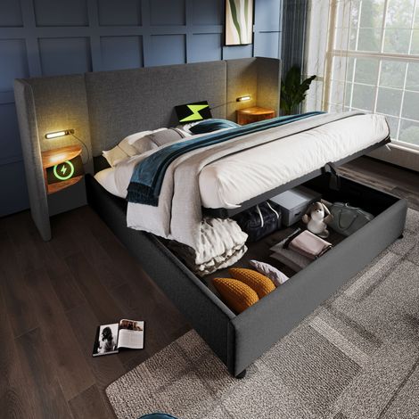 Bett Doppelbett Bettgestell Stauraum 160x200 Grau OKMYHOME (1/5)
