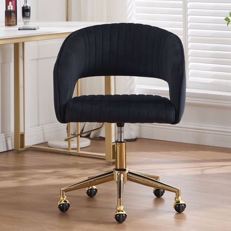 Wahson Sedia da Scrivania in Velluto Poltrona, Ufficio con Ruote Sedia Girevole Regolabile in Altezza Poltroncina con Gambe in Metallo per Ufficio/Studio/Computer, Nero