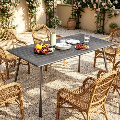 Mesa de jardín exterior 150x80x74 cm, para 6 personas, tablero resistente al agua, acero, gris (1/5)
