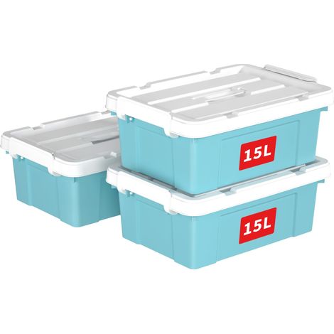 15L3 Boîte de Rangement, Bac de rangement avec Poignée, Plastique Organisateur avec Couvercle, Empilable, Transportable, pour Vêtements, Bureau, Chambre, Dortoirs, Bleu, 15L - Lot de 3 (1/5)