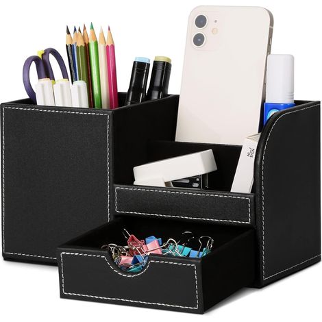 Schreibtisch-Organizer – 1 – Leder – 4 Fächer – Aufbewahrung für Stifte und Handy – Schwarz – 20,5 x 11 x 9,3 cm (1/5)
