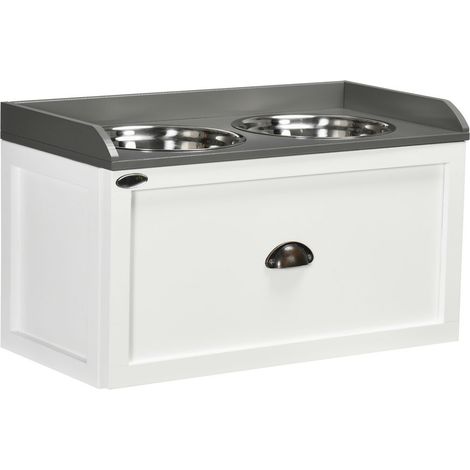 CIOTOLE PER CANI RIALZATE IN ACCIAIO INOX E LEGNO CON CASSETTO, 60X30X36CM, BIANCO E GRIGIO (1/5)