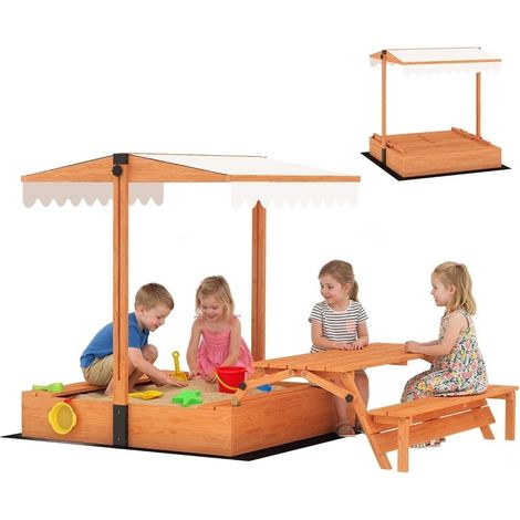 Bac à sable en bois marron avec toit, table de pique-nique pliable et bancs, 184×110×120 cm, pour enfants 3-8 ans