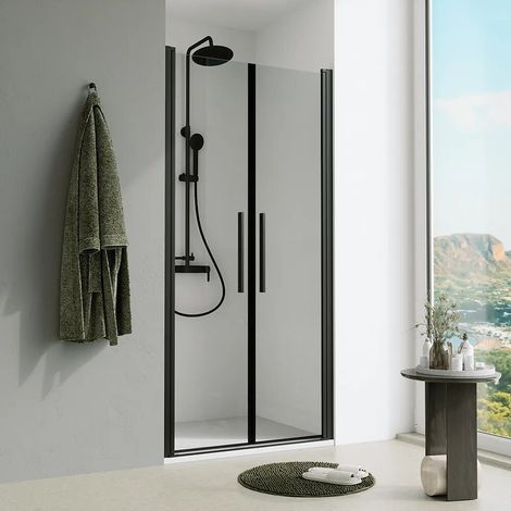 Porta doccia 120cm apertura saloon con profili nero opaco e vetro da 6mm trasparente h195 Elba (1/4)