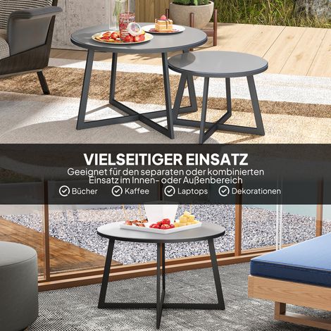 Set de 2 tables basses gigognes rondes, tables d'extérieur pour balcon et jardin, résistantes aux UV et à la pluie, piétement en X, plateau en verre et acier, coloris noir et gris