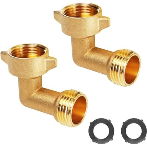 LIULO TOOL Lot de 2 raccords coudés à 90 degrés pour tuyau d'arrosage coudé en laiton robuste de 1,9 cm, adaptateur de tuyau avec 2 rondelles pour robinets résidentiels d'extérieur de camping-car (1/5)