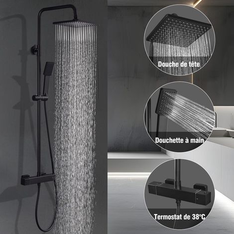 Colonne de Douche Thermostatique Noir Sans Percement Supplémentaire, Ensemble de Douche Réglable en Hauteur ( 1006-1206mm) Corps en Laiton (1/5)