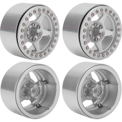 Lot de 4 jantes Beadlock en alliage d'aluminium à cinq branches, légères, pour micro-crawler Axial SCX10 90046 (voiture RC argentée). (1/5)
