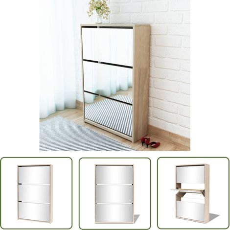 The Living Store Schuhschrank mit 3 Fächern Spiegel Eiche-Optik 63x17x102,5 cm - Spiegel Schrank - Schuhschrank - Flurmöbel - Schuh Regal - Eiche Optik (1/5)