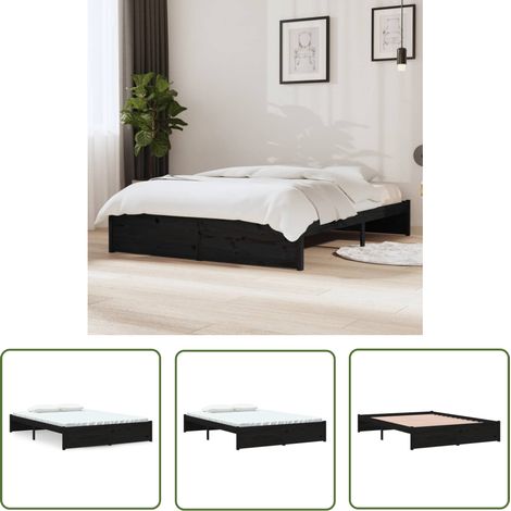 The Living Store Cadre de lit sans matelas noir bois massif 140x190 cm - Cadre De Lit - Lit Double - Bois Massif - Lit Design - Chambre À Coucher (1/5)