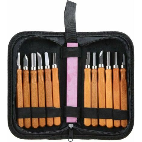 Kit Ciseau Bois, 13pcs outils de sculpture sur bois ensemble couteau à découper le bois compact à la main pour le travail du bois avec meule idéal pour artisanat menuiserie débutants sculpteurs