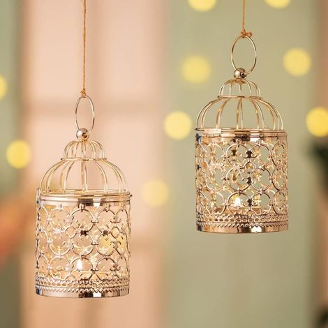 Metal Cage Lantern Candle Holder - 2 Pieces Small Hanging Tealight Candle Holders, Decorative Tealight Centerpiece for Living Room Wedding Party, Silver MUMU (1/4)