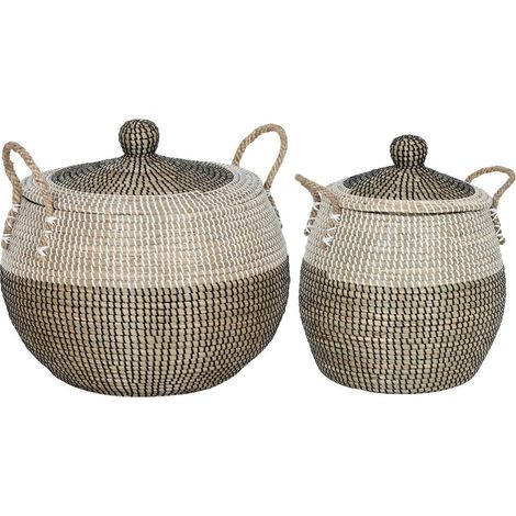 Panier déco en jonc de mer blanc noir naturel avec couvercle - Naturel blanc et noir tressé (1/3)