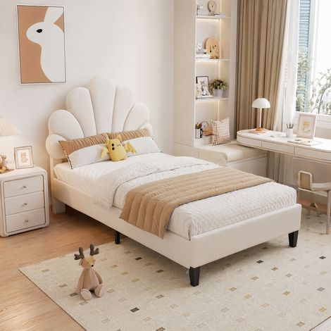 Lit simple capitonné 90x200cm avec tête de lit en fleur, Lit enfant 90x200cm avec sommier à lattes, Tissu velours, Beige (1/5)