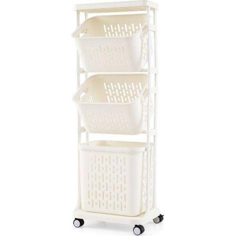 Chariot à linge 3 niveaux blanc en métal avec 3 paniers de tri et 4 roues dont 2 freins pour salle de bain et buanderie (1/5)