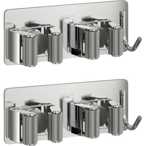 Lot de 2 supports muraux pour balais, aucun perçage requis, 2 fentes avec 1 crochet (argent) (1/5)