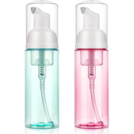 Lot de 2 distributeurs de savon moussant vides rechargeables en plastique pour savon pour les mains, lavage du visage, shampooing pour les cils, soins de la peau (vert + rose) (1/5)