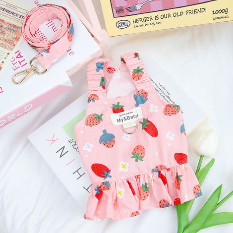 1 ensemble vêtement chien, robe princesse imprimé fruits, harnais et laisse intégrés, coton doux, rose, taille S à XL (1/5)