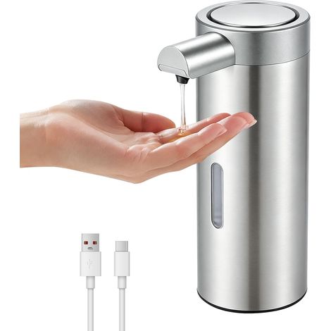 Distributeur Savon Automatique INOX 350ml avec Capteur sans, Distributeur de Savon Automatique Contact USB-C Rechargeable, Distributeur de Savon Cuisine pour Savon Liquide et Liquide Vaisselle (1/5)