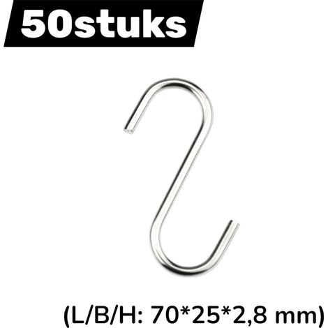 Lot de 50 crochets métalliques en forme de S en acier inoxydable 2,8 mm pour tringles et portes de cuisine chambre et salle de bain 70 x 25 mm couleur argentée (1/5)