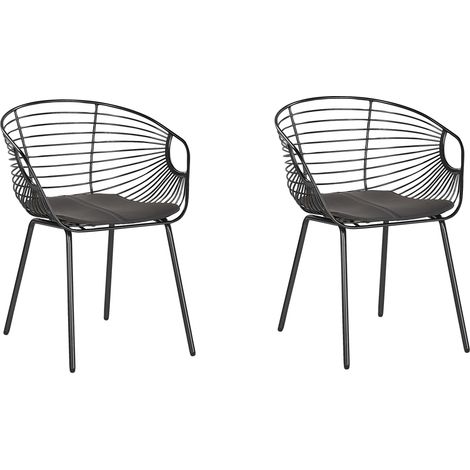 Conjunto de 2 sillas de comedor diseño de alambre de metal negro asiento de piel sintética negro glam industrial moderno Hoback