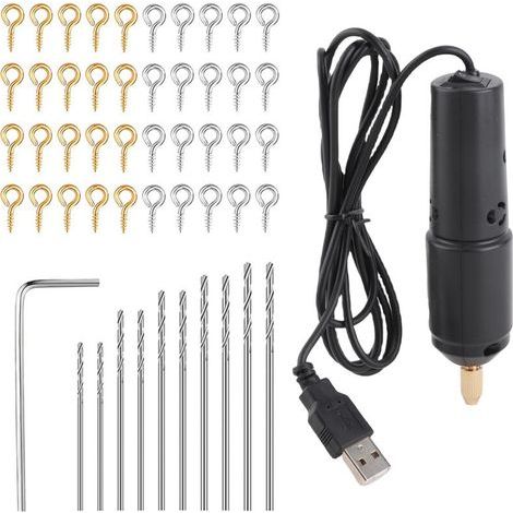 SJLERST Ensemble de mini-perceuses électriques en résine avec 10 forets pour bijoux, produits en aluminium, fabrication de porte-clés en bois, noir (1/5)
