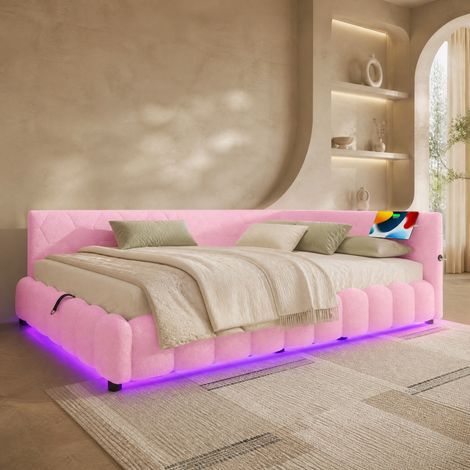 Lit coffre 140x200 style daybed avec sommier à lattes, LED, USB et USB-C, rose HAVRYA (1/5)