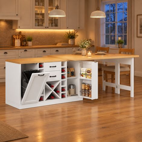 Isla de cocina giratoria 120–223 cm, almacenamiento, MDF y metal, blanco DESVIAE (1/5)