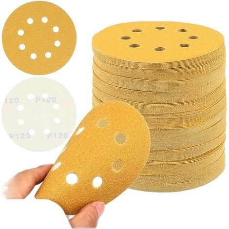 Disque de ponçage doré de 5 pouces 50 pièces 8 trous crochet et boucle papier de verre 40-240 grains assortis. for ponceuse papier de sable sec sans poussière H173 (1/5)