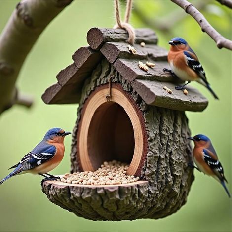 Mangeoire à oiseaux suspendue en forme de souche d'arbre, sculpture peinte à la main, résistante à la pluie – Installation instantanée en 3 secondes – Idéale pour les jardins, les balcons, les famille (1/5)