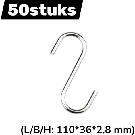 Paquete de 50 ganchos en forma de S de acero inoxidable plateado de 110x36x2,8 mm (1/5)