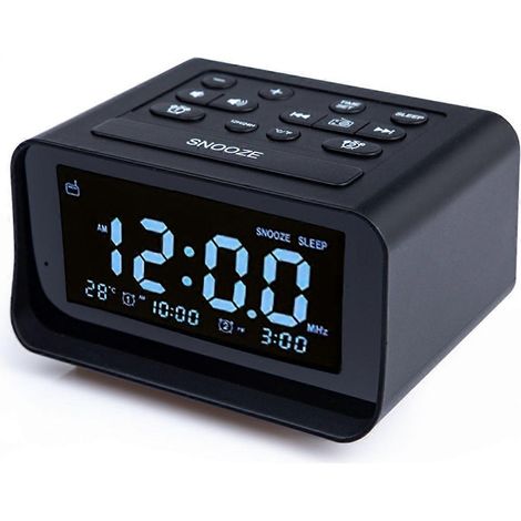 Réveil numérique sans fil avec double chargeur USB pour chambre à coucher permettant de régler le volume et la luminosité (noir) (1/5)
