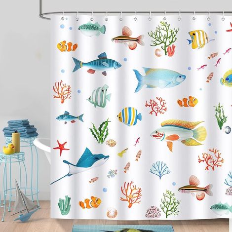 Rideau de Douche Poisson Tropical Océan 180 x 180 cm Rideau de Bain pour Enfants Tissu Polyester Anti Moisissure Imperméable Lavable Rideaux Salle de Bain avec 12 Crochets pour Baignoire (1/5)