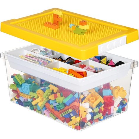 Spielzeug Aufbewahrungsbox mit Deckel und Bauplatte, Kinderzimmer Organizer Gelb (1/5)