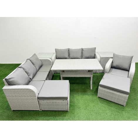 Fimous 9 Seater Poly Rattan Outdoor Garden Furniture Rectangular Dining Table Sofa Set Patio 3 Seater Sofa Reclining Chair 3 Seater Sofa 2 Big Footstools 2 Side Table Light Grey (1/4)