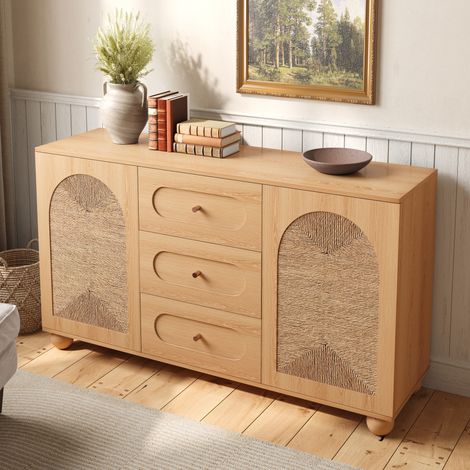 Buffet bas 2 portes 3 tiroirs 140x40x80 cm, commode de salon, façades en corde tressée, pieds boule en pin massif, MDF et aggloméré (1/5)