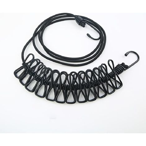 1 corde à linge rétractable portable pour voyage et camping avec 12 clips – Idéal pour l'intérieur et l'extérieur – Noir