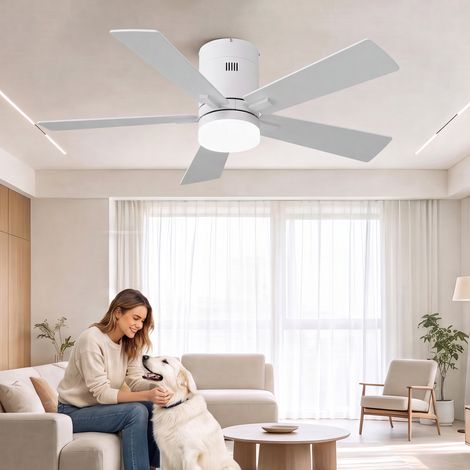 SYEKLAOO –Ventilateur de plafond 42" –Télécommande –plafond avec 5 pales–6 vitesses –minuterie 1/4/8 h –LED à intensité variable – Mode hiver-été,pour salons/à la chambre–Blanc (1/5)